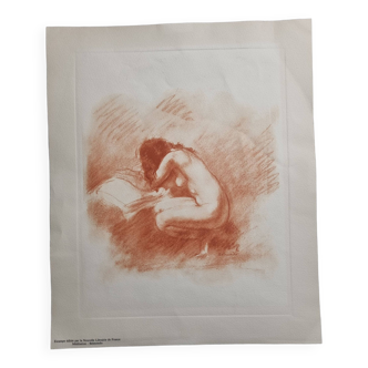 Print "Nude crouching on the pillow" in sanguine after Paul Belmondo, 29 x 34.5 cm