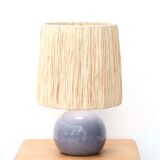 Lampe bleue en céramique, abat jour en raphia, années 70