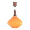 Orange opaline pendant lamp and wood design 70s
