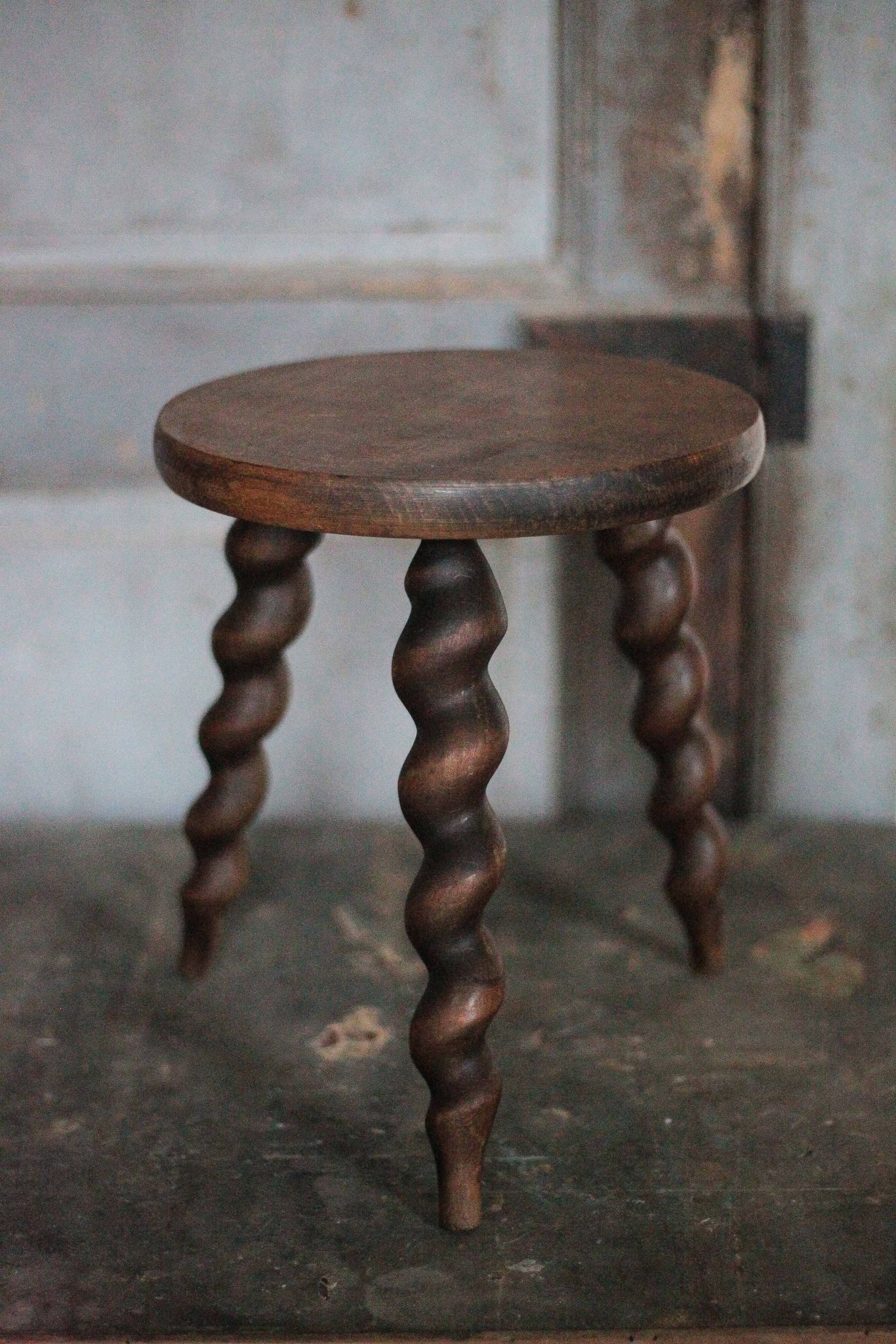 Vintage stool, wooden stool, tripod stool with turned legs, plant stand.