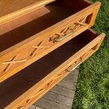 Vintage 1960s rattan and oak shelf by Louis Sognot