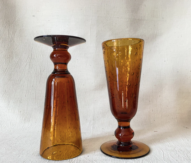 Handblown Glasses, set of 6 Amber Champagne Glasses, designer Iconic Drinkware