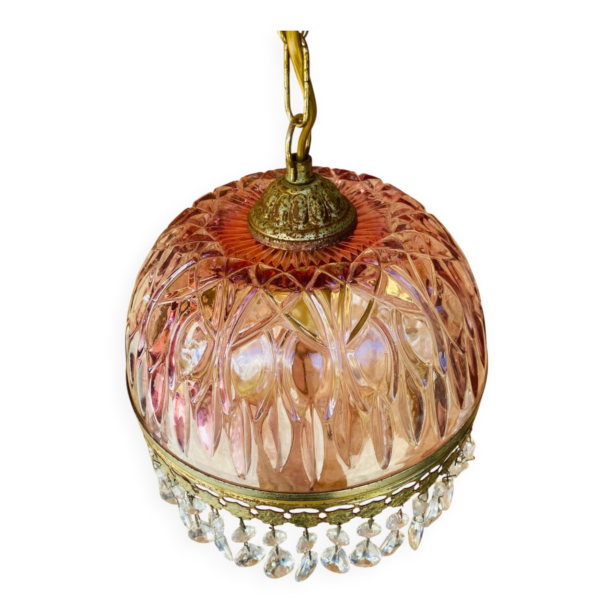 Antique pink glass pendant light with tassels.