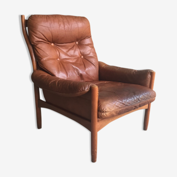 Scandinavian armchair in teak and leather - 1960