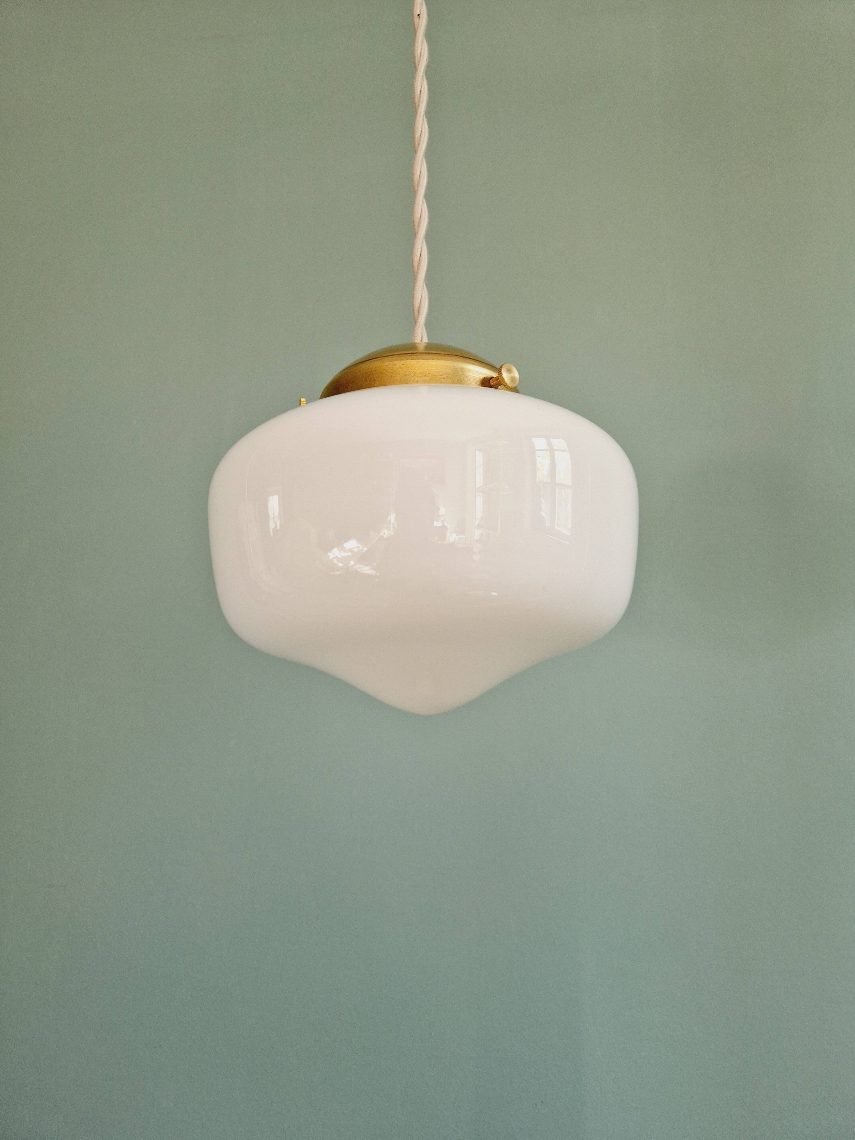 Art Deco pendant/portable lamp in conical white opaline glass, 1920s-30s