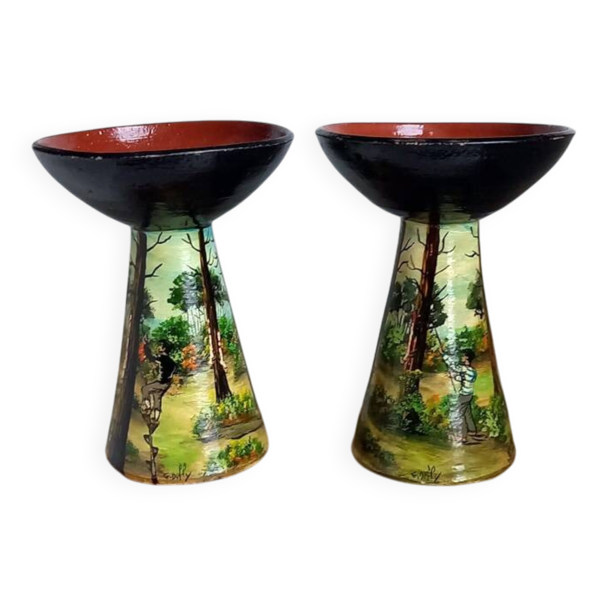 Pair of vintage Basque pottery – glazed ceramic – signed G. Defly