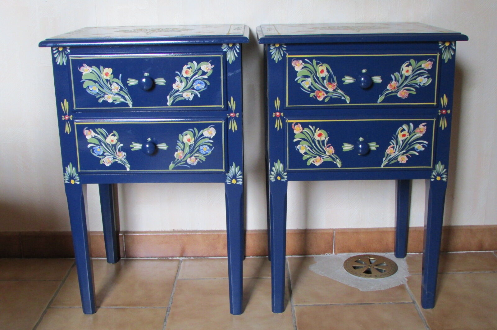 2 bedside tables, flowery blue lacquered