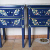 2 bedside tables, flowery blue lacquered