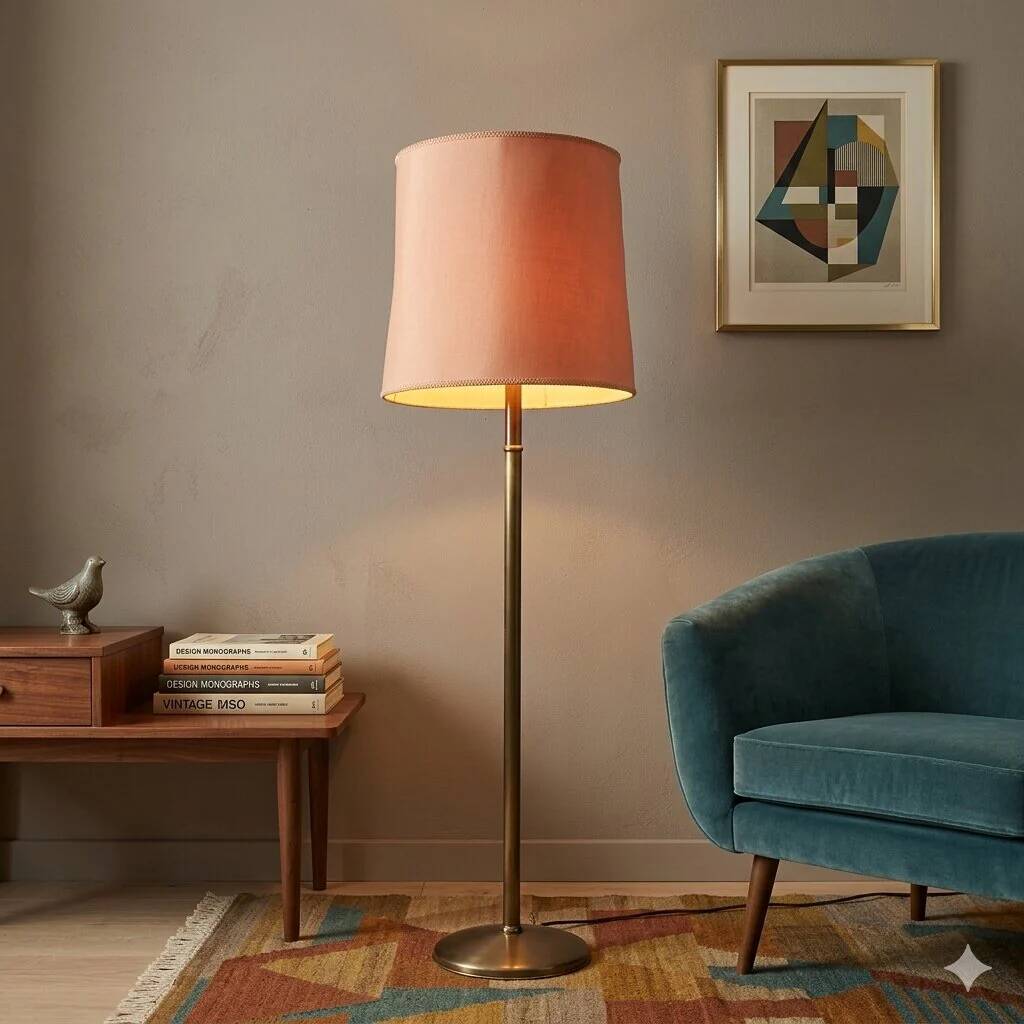 Lampadaire vintage en laiton avec abat-jour en tissu, hauteur réglable, design années 1950