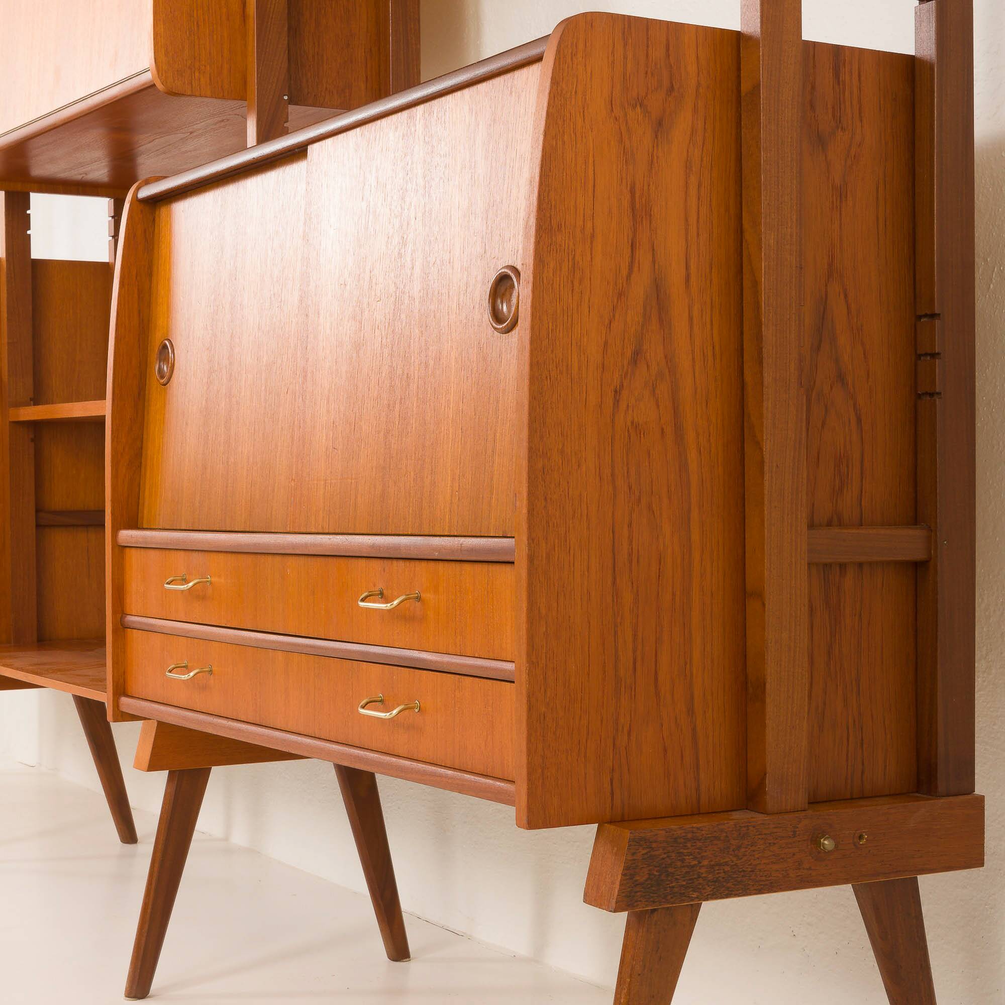 Scandinavian free-standing teak wall unit with 5 cabinets, Norway 1960s