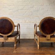 Pair of Hungarian Walnut & Leather Chairs by Lajos Kozma 1884-1948