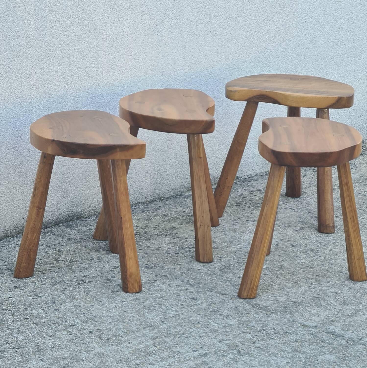 4 Vintage tripod stools, solid wood, brutalist, circa 1960