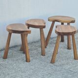 4 Vintage tripod stools, solid wood, brutalist, circa 1960