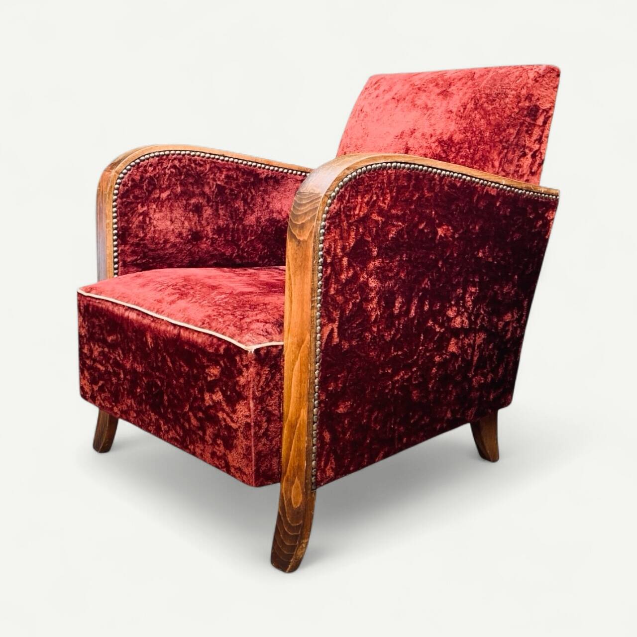Pair of Art Deco club armchairs in burgundy red velvet, 1930s