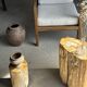 Table d'appoint en bois pétrifié orange doré et blanche ovale H46 D38 - 333