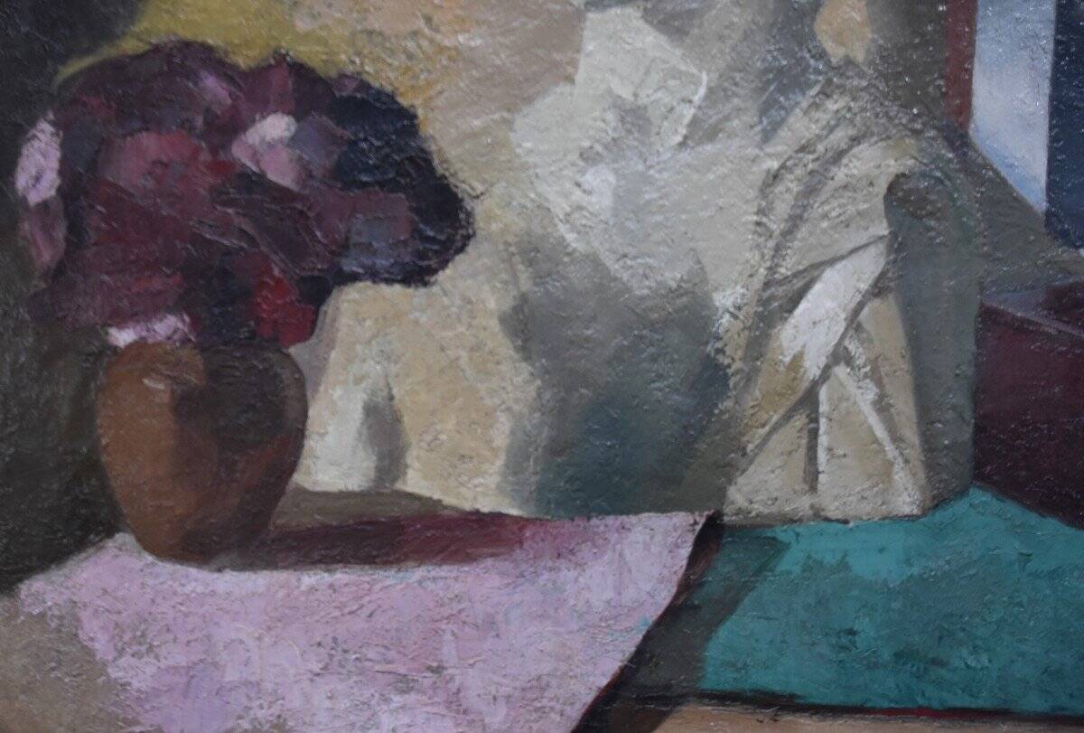 Roger Cortet (1910-1978) Still Life with White Sculpture Oil on Canvas Signed
