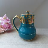 Old and rare green Sadler ceramic coffee maker with gold patterns, Vintage 1950 English coffee maker