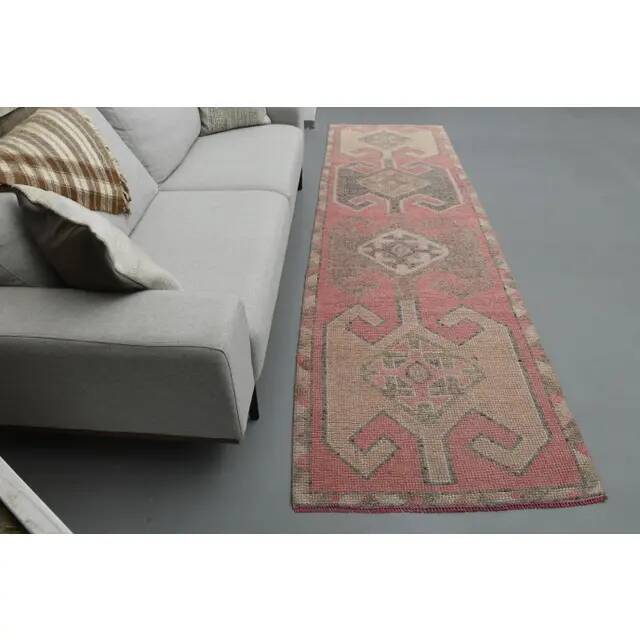 1970s Vintage Turkish Handmade Wool & Cotton Pink Runner Rug 100x339