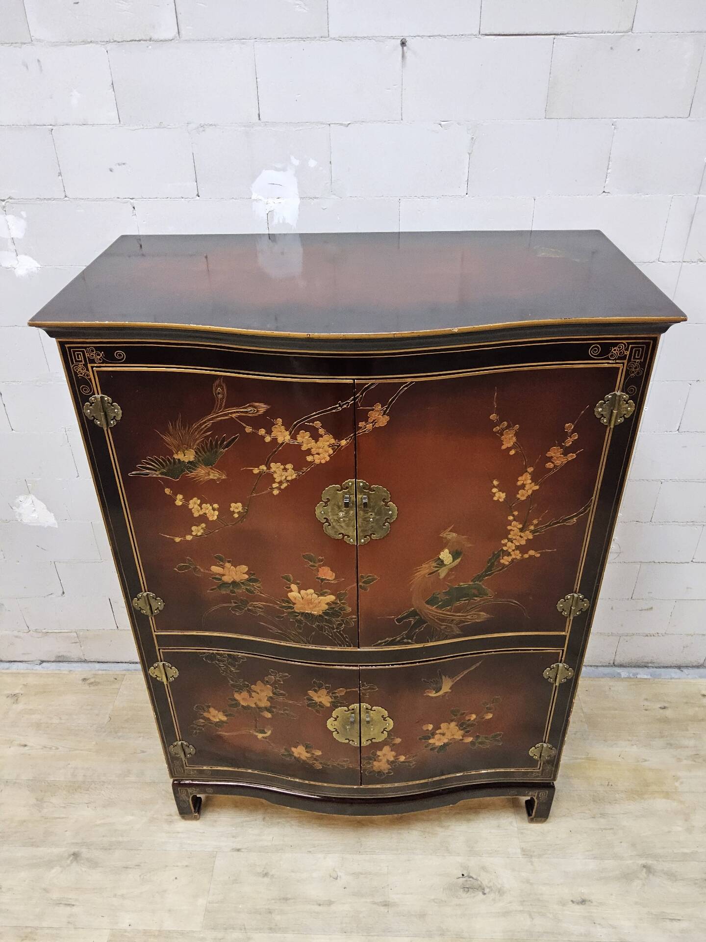 Vintage Chinese red and gold cabinet with flowers and birds (lacquer cabinet)