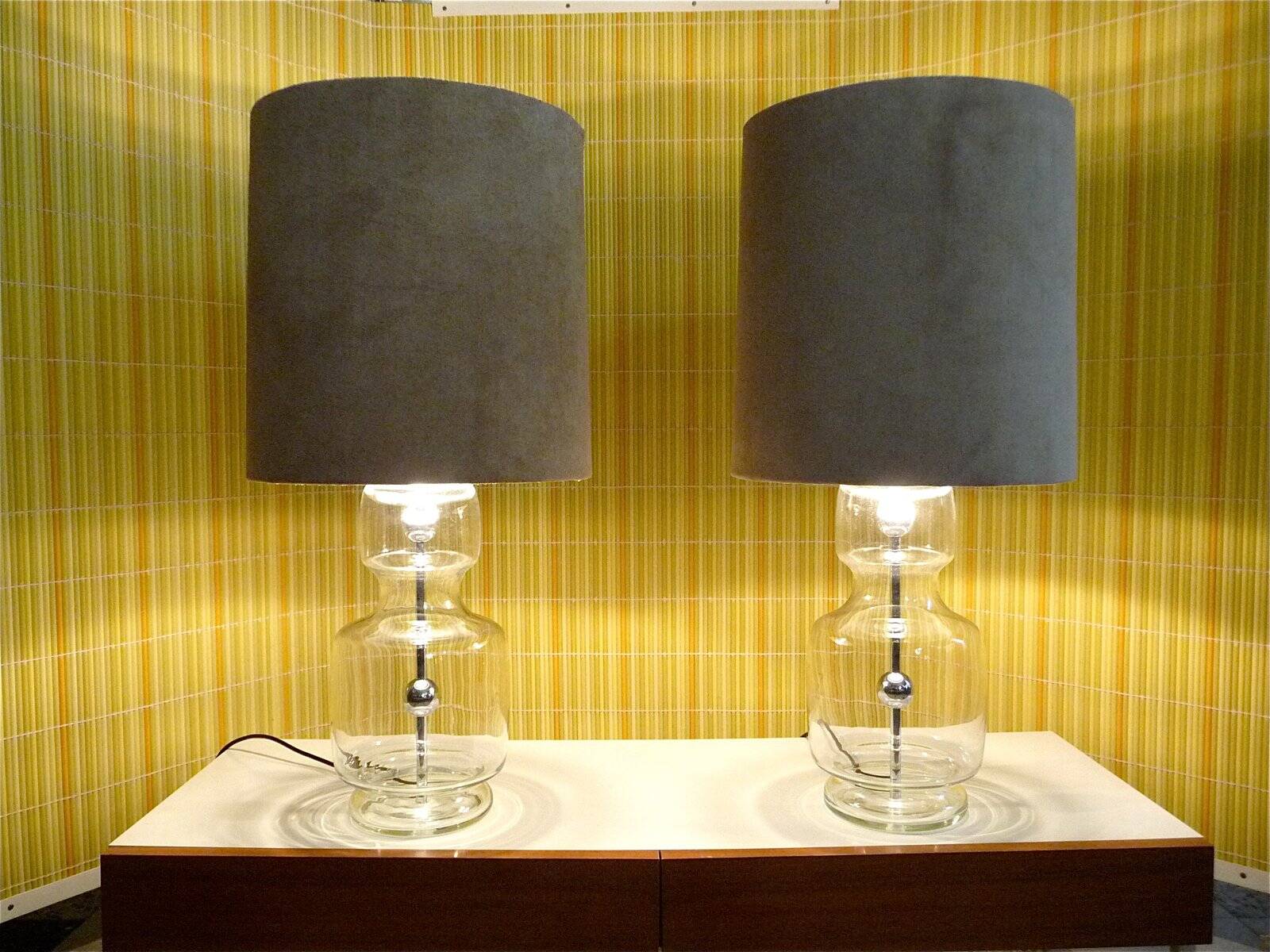 Set of 2 Glass & chrome table lamps with alcantara lampshades, 1960s