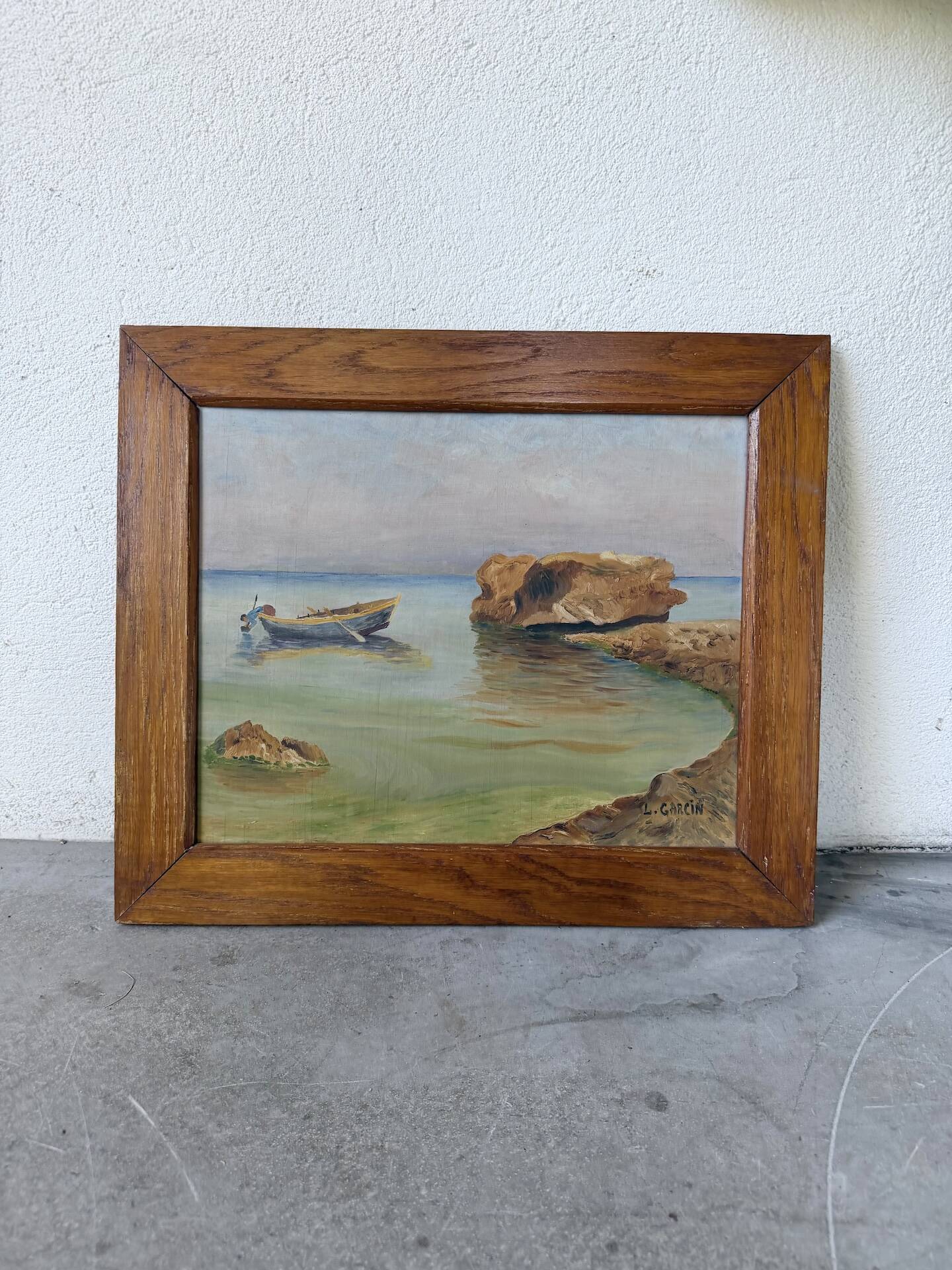 Framed oil painting fisherman L. Garcin