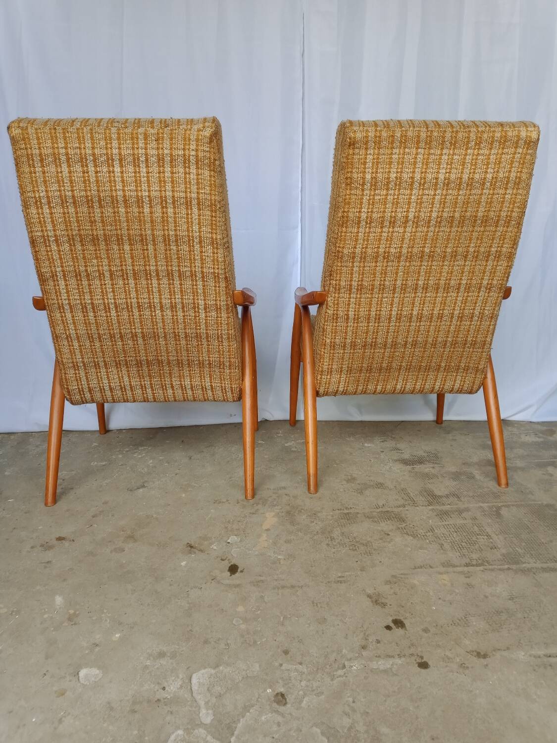 60s wood and fabric armchairs