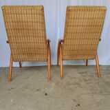 60s wood and fabric armchairs