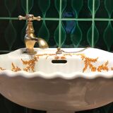 VINTAGE SHELL WASHBASIN SET PORCELAIN OF PARIS SHELVES BASIN AND TOWEL RACK