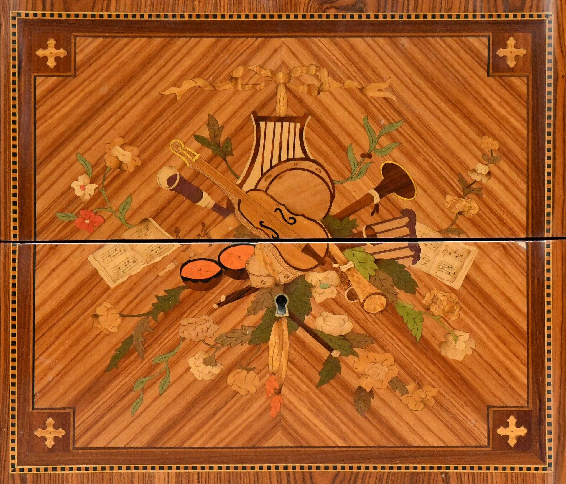 Transitional style commode in marquetry