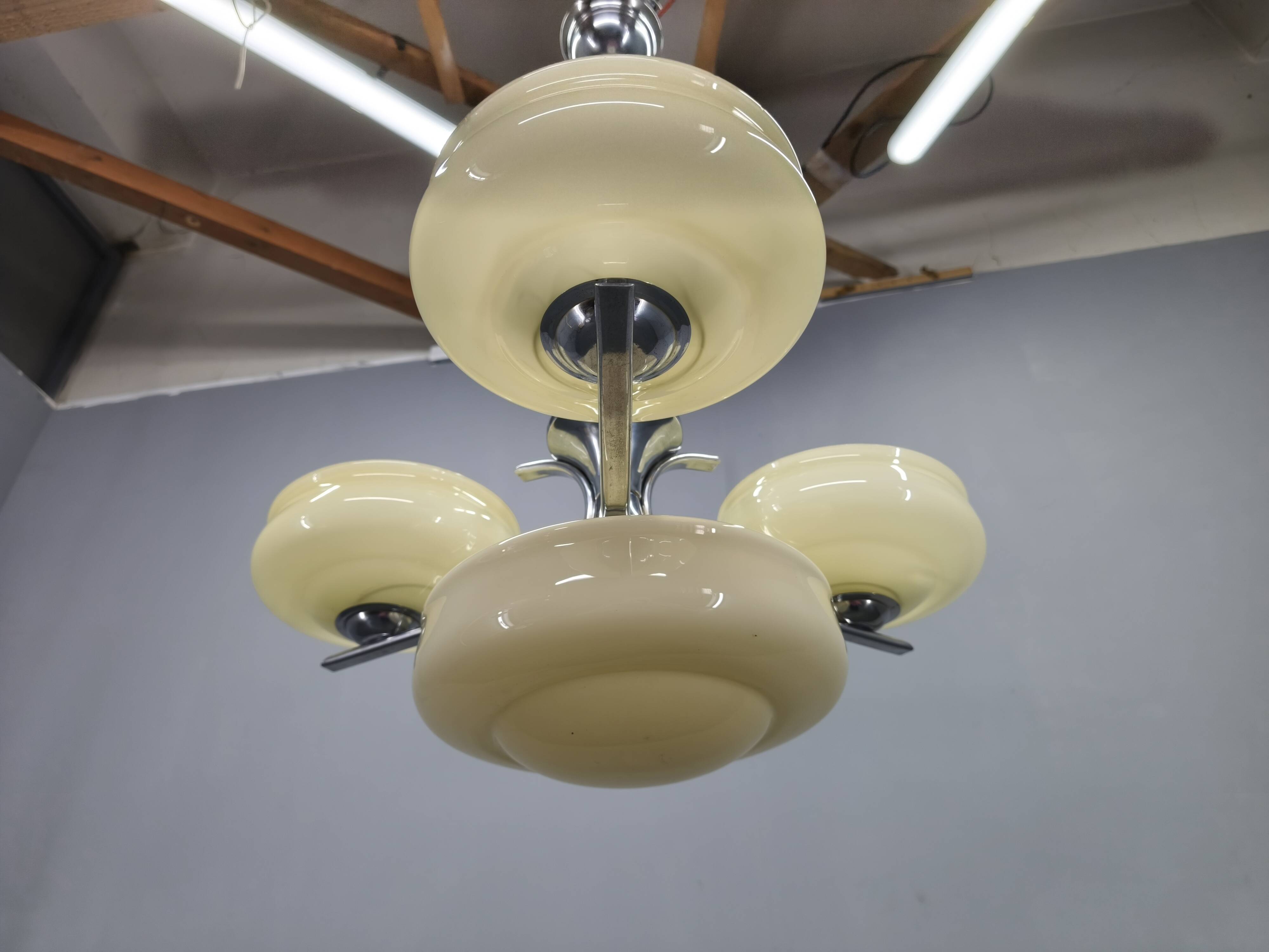 Bauhaus Chandelier Czechoslovakia 1930s Milk Glass Chrome Pendant