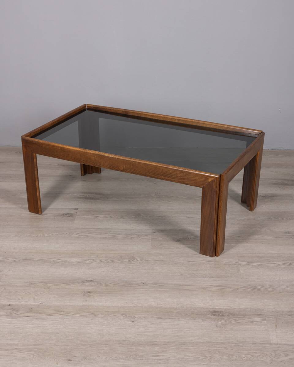 Vintage 1970s coffee table in wood and smoked glass, Italian design