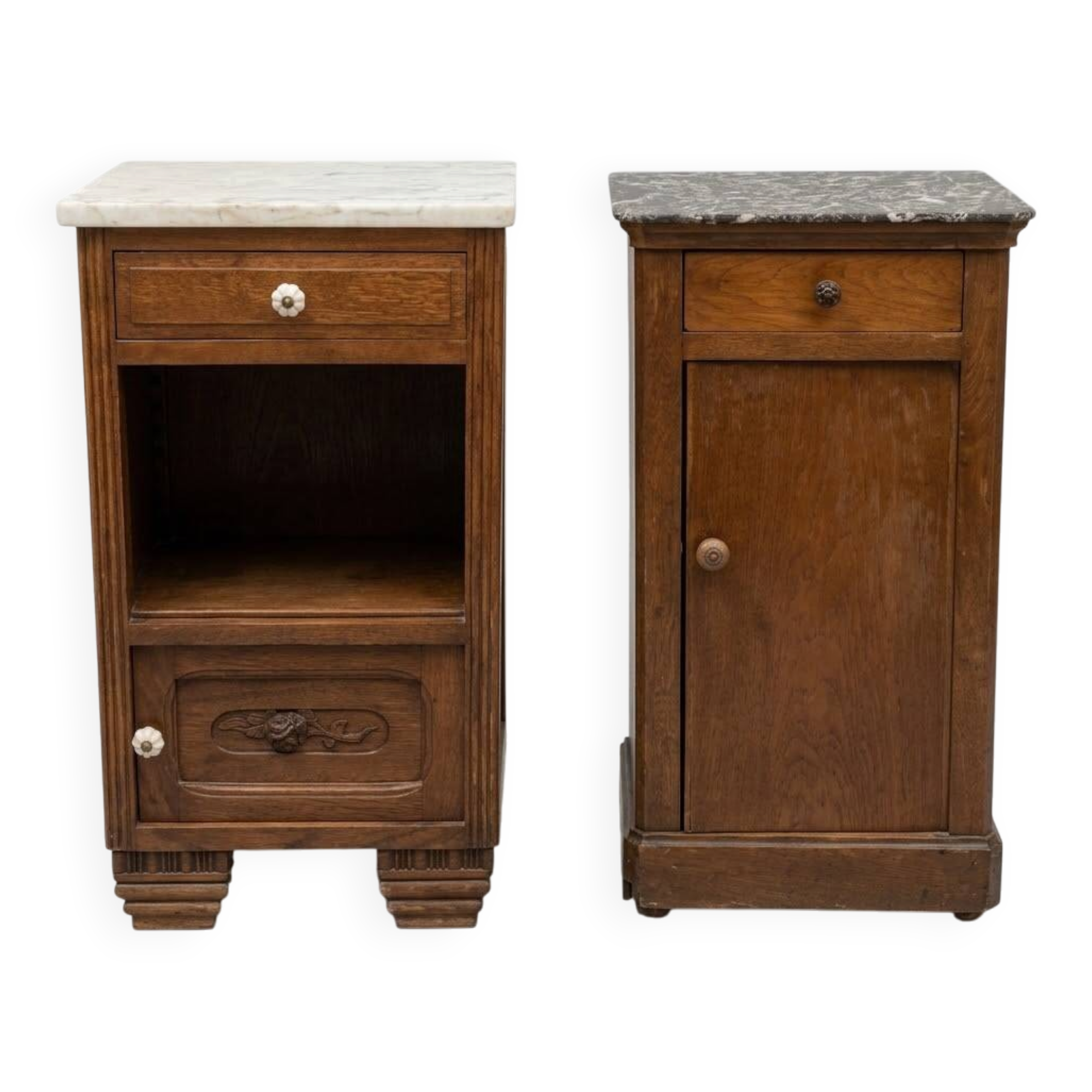 Set of 2 vintage wooden bedside tables with marble.