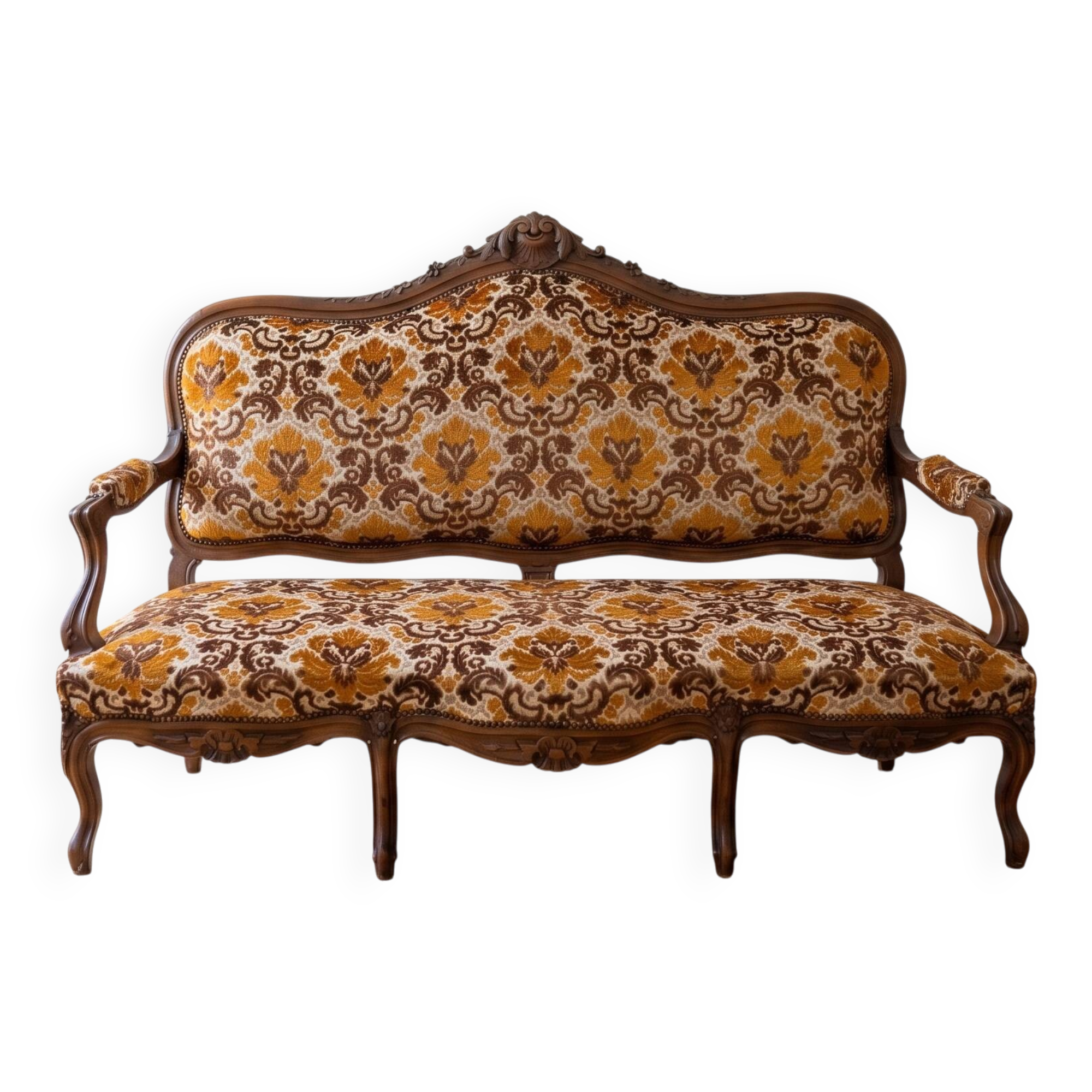 Two-seater banquette canapé in Louis XV style, made of wood and fabric.
