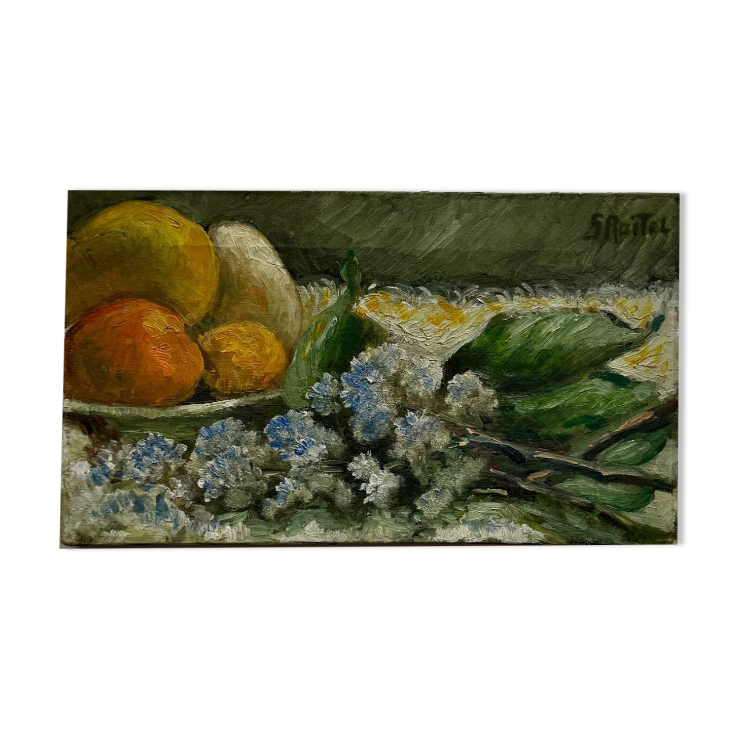 Oil on canvas still life with fruits and flowers by S. Raitel