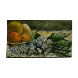 Oil on canvas still life with fruits and flowers by S. Raitel