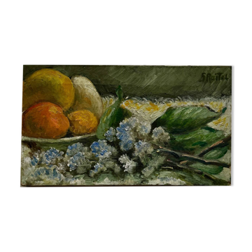 Huile sur toile, nature morte aux fruits et aux fleurs par S. Raitel