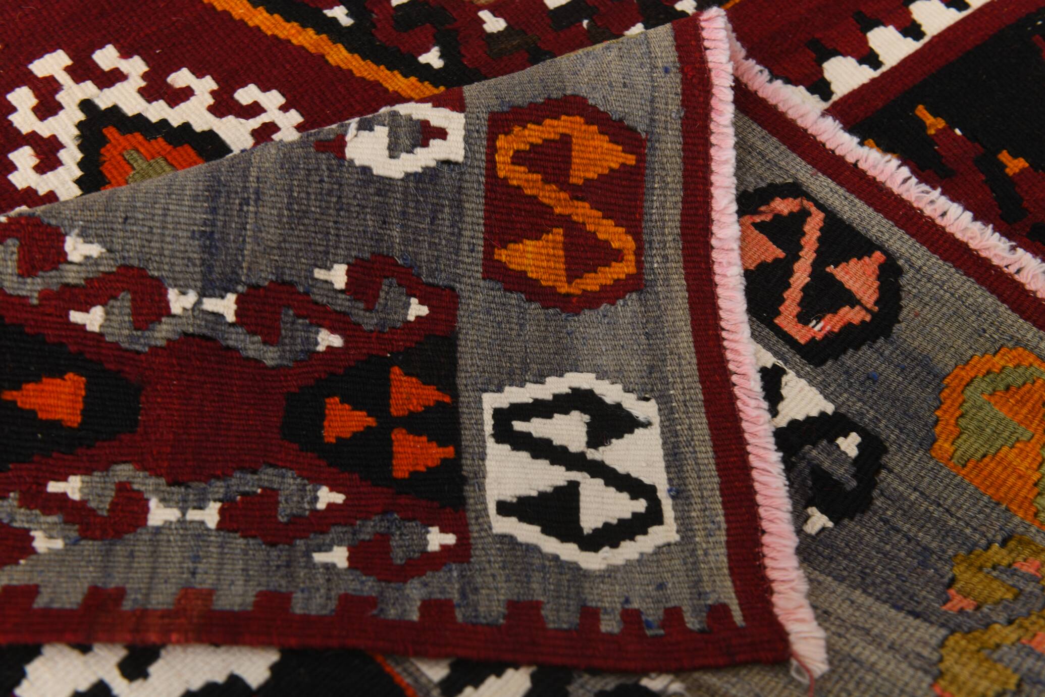 6x15 Wine Red & Green Vintage Kilim Rug, 198x468Cm