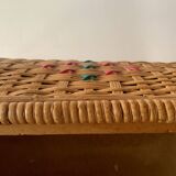 Large vintage rattan and wicker sewing basket with floral decor seat