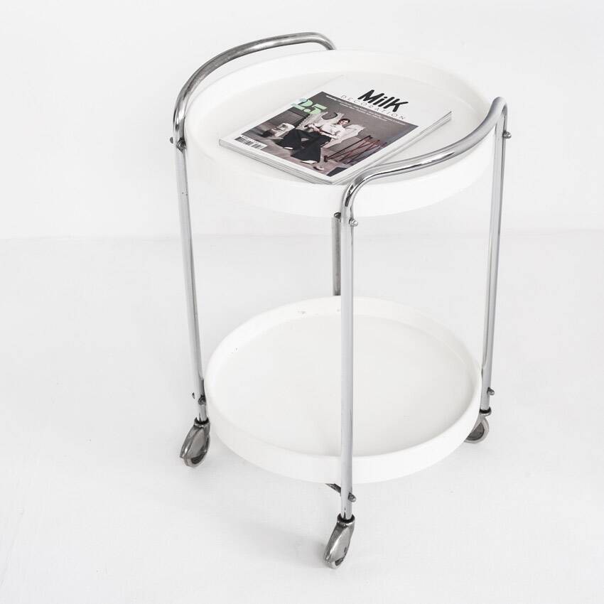 Vintage side table on casters. Chrome-plated iron and plastic. France, 1970s