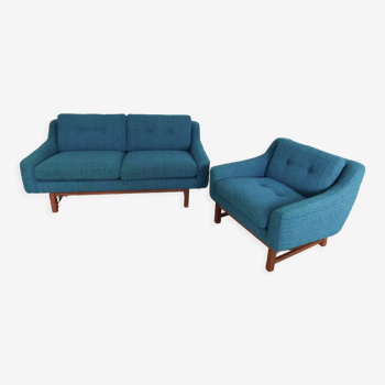 Norwegian living room set in blue fabric, vintage scandinavian 1960s