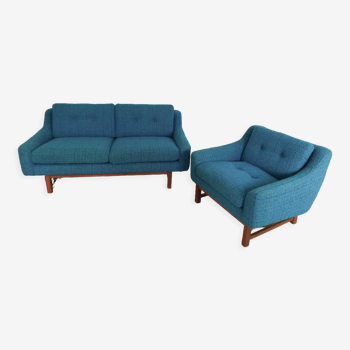 Set de salon norvégien en tissu bleu, vintage scandinave 1960s