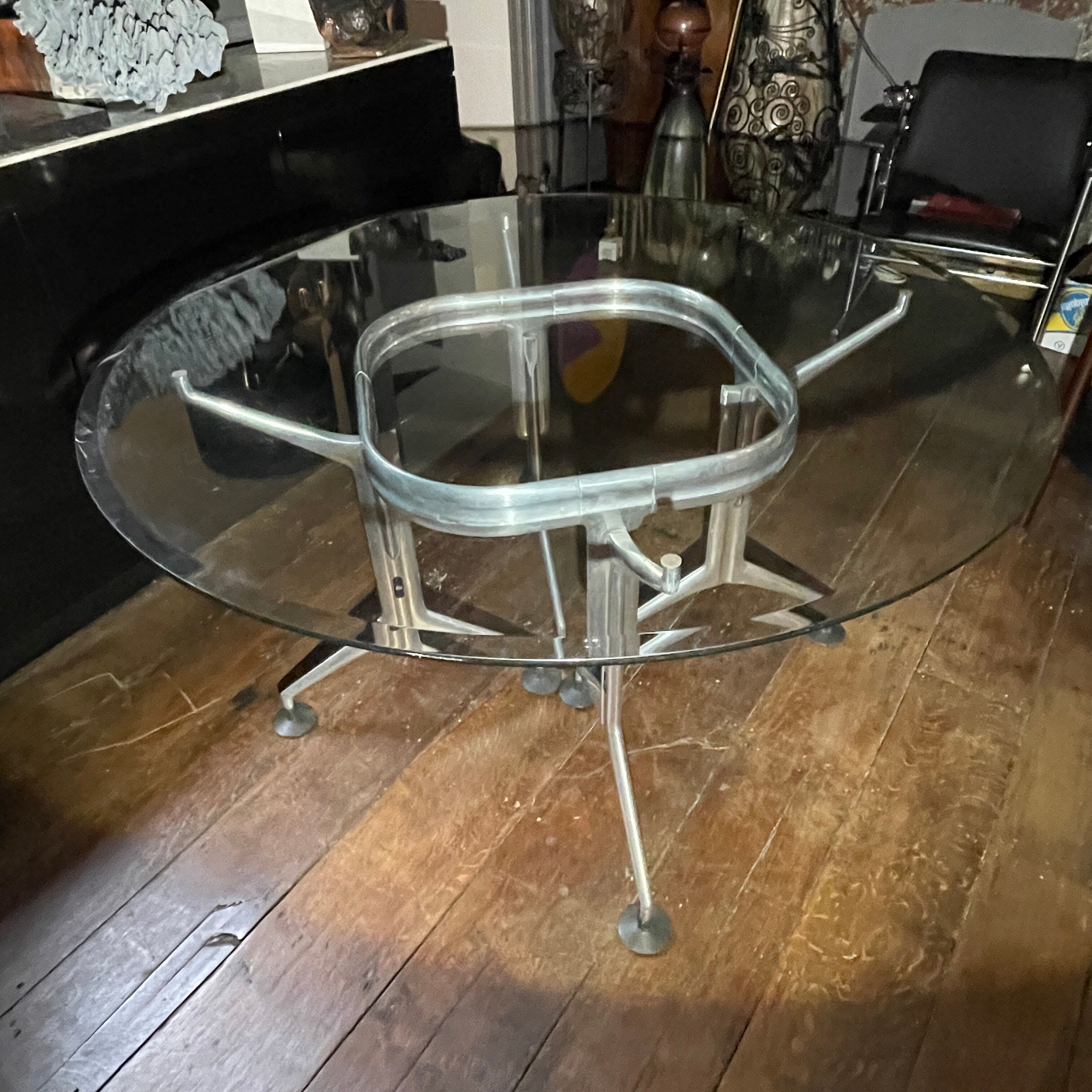 Vintage Round Dining Table in Brushed Aluminum & Beveled Glass, 1970s