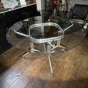Vintage Round Dining Table in Brushed Aluminum & Beveled Glass, 1970s