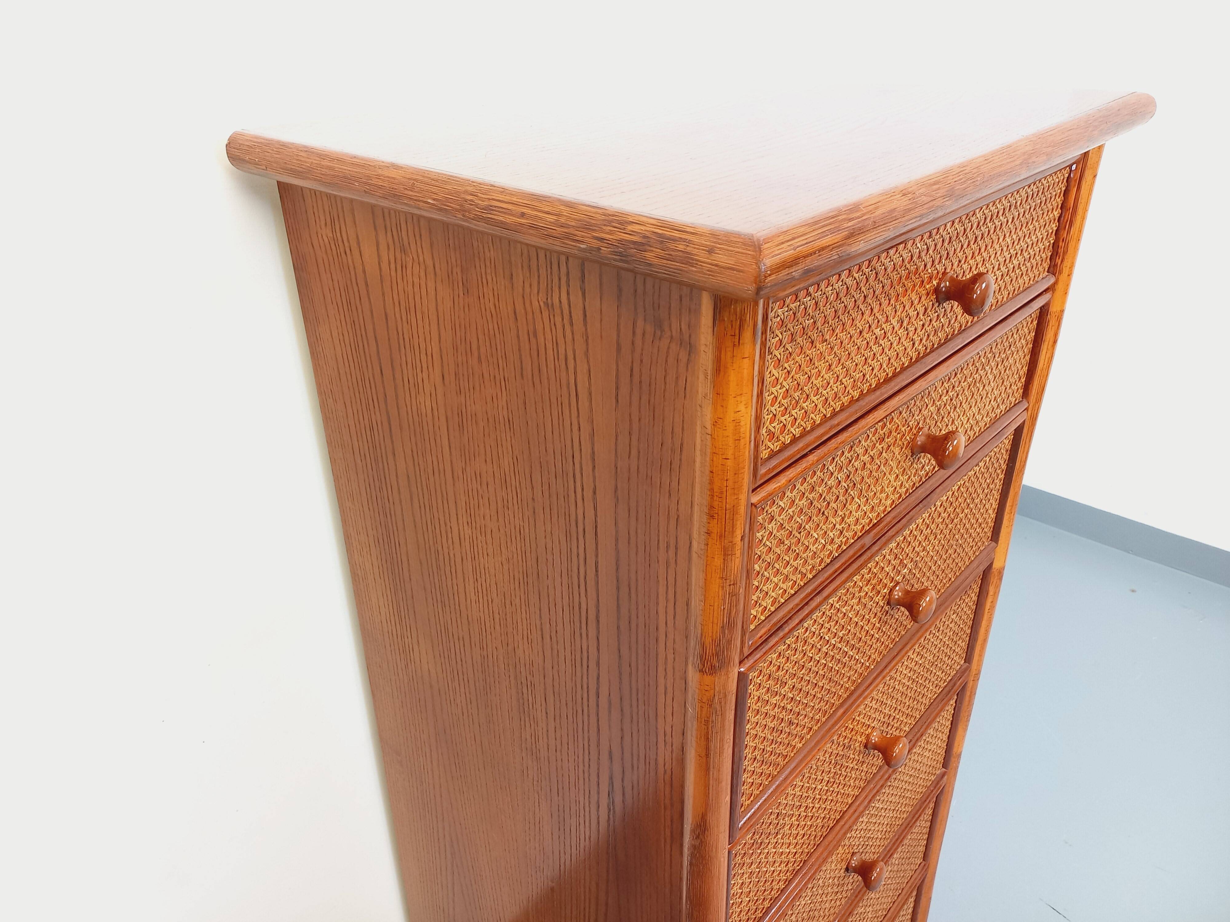 Vintage chest of drawers in rattan, wood and cane