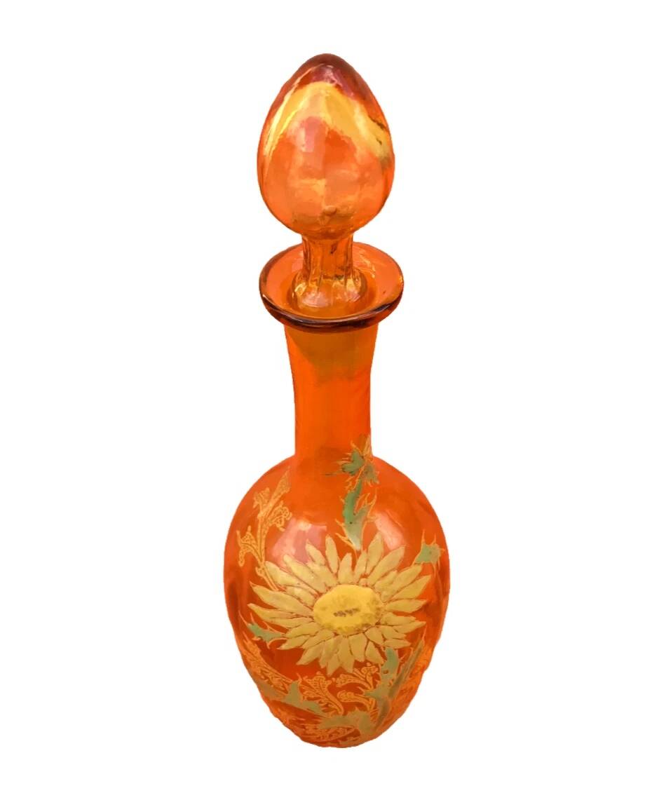 1900s Liqueur Decanter Blown and Enameled Amber Glass