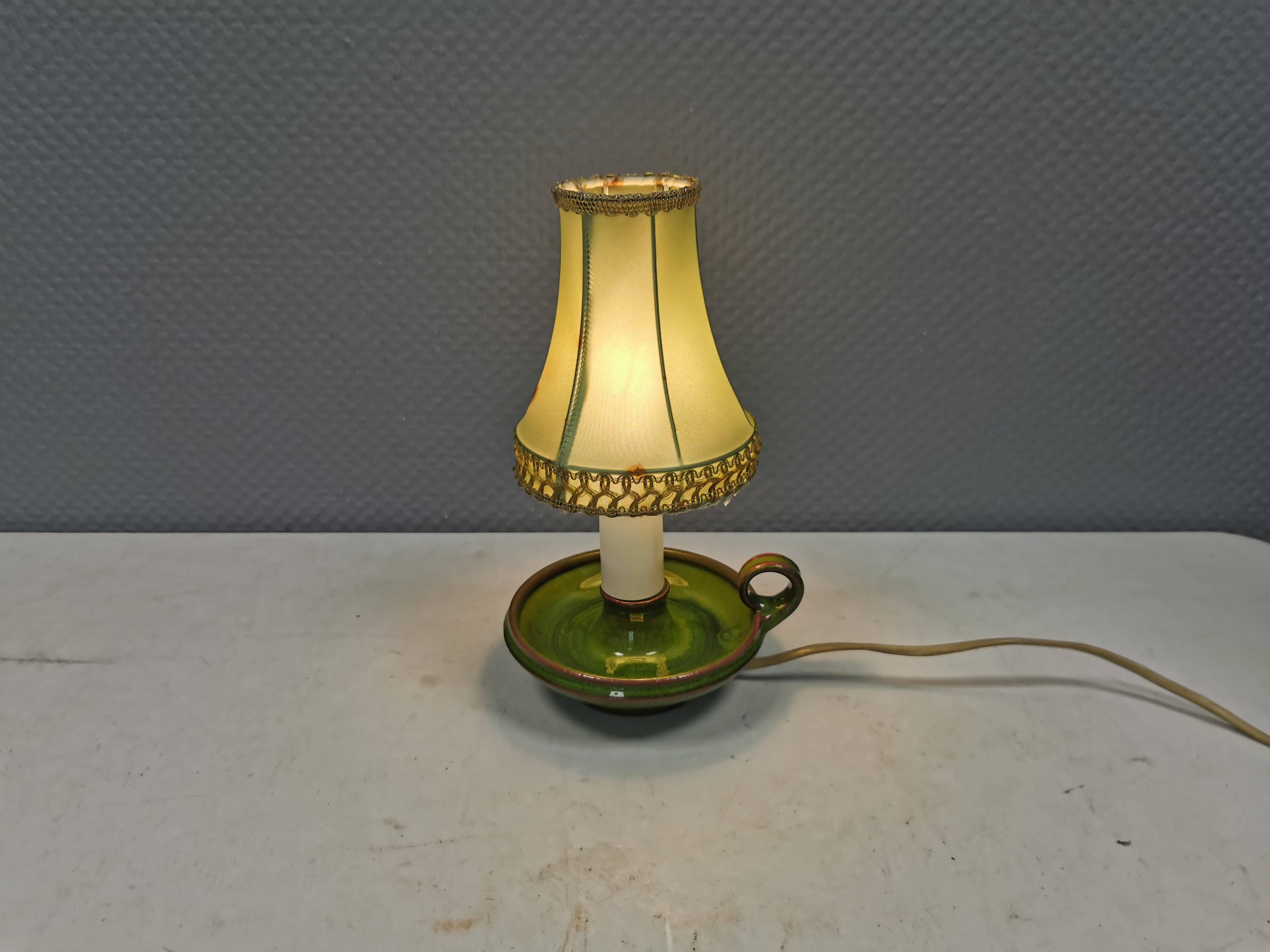 Small ceramic table lamp with beautiful green glaze and original shade, 70s