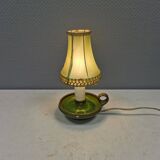 Small ceramic table lamp with beautiful green glaze and original shade, 70s