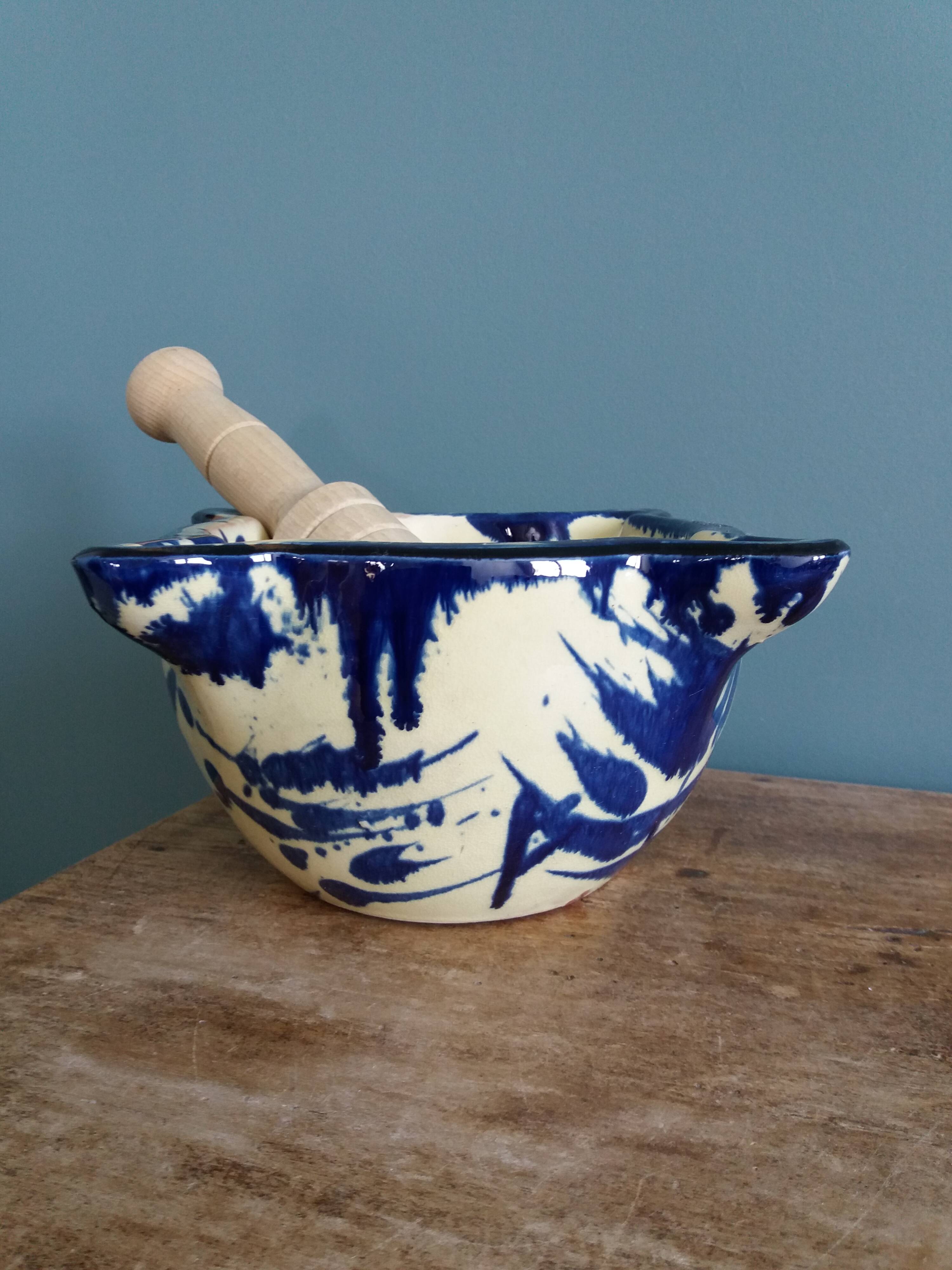 Glazed terracotta mortar and wooden pestle