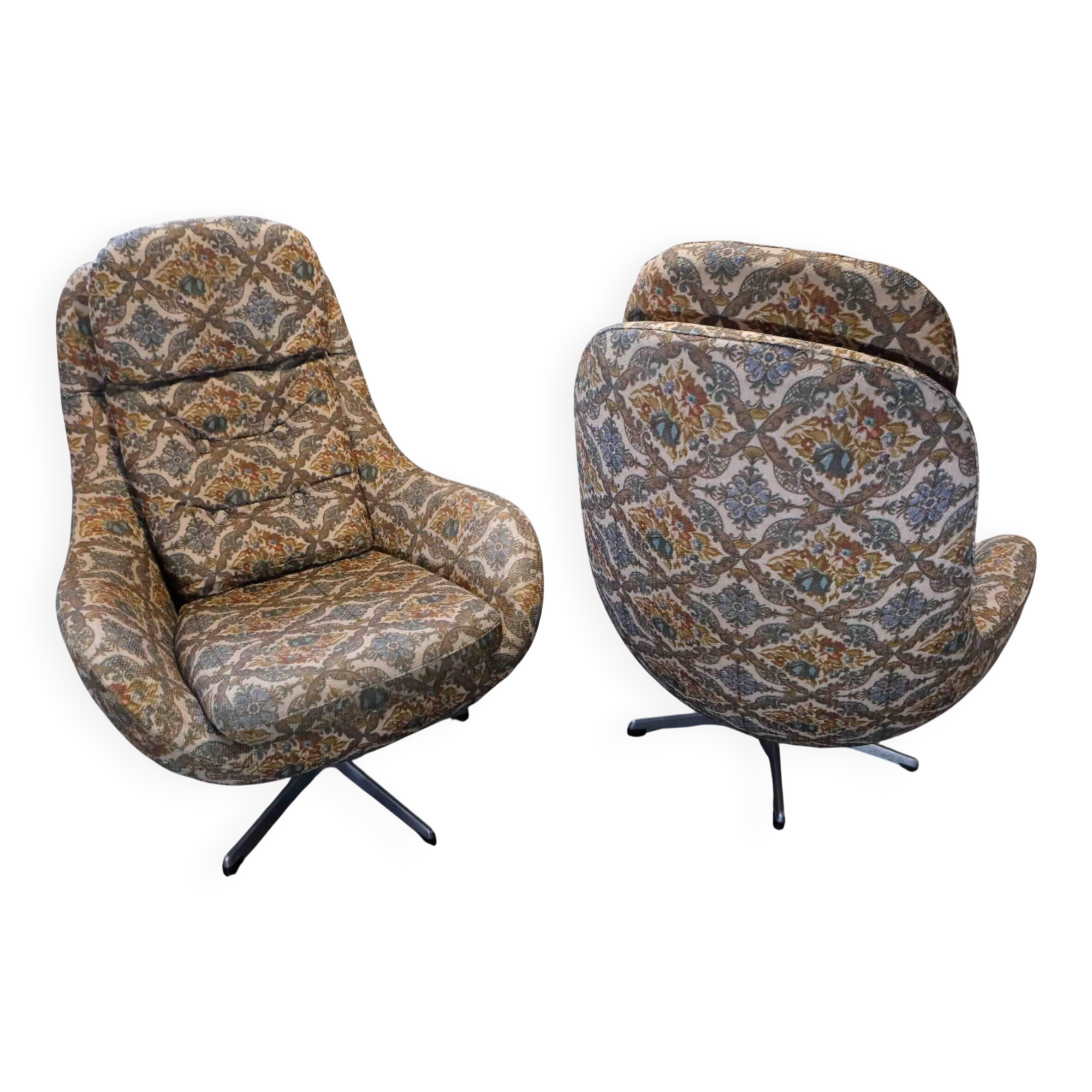 Set of 2 vintage high-back swivel armchairs with abstract upholstery