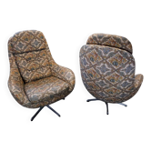 Set of 2 vintage high-back swivel armchairs with abstract upholstery